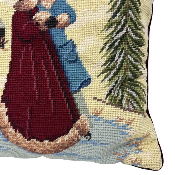 Needlepoint Winter Scene Throw Pillow 2 People Winter Coats Snowy Tree Cabin - Picture 7 of 16